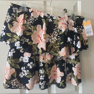 Kona Sol Black Floral Off-Shoulder Swim Top with Pink Flowers